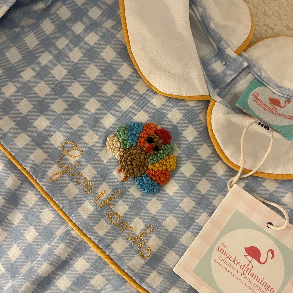 The Smocked Flamingo - Blue Gingham Romper with Embroidered Turkey